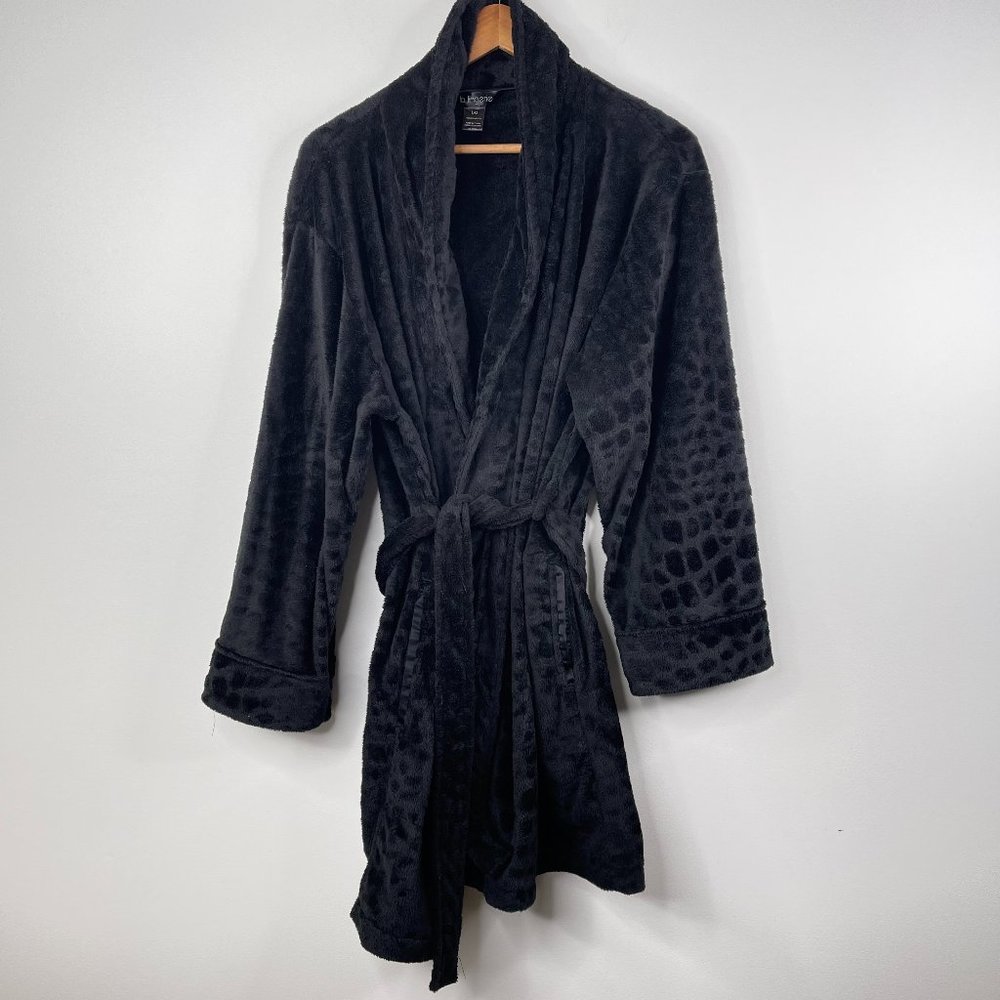 LA LINGERIE Women Black Plush Pockets Mid Length Bath Robe House Coat Size L